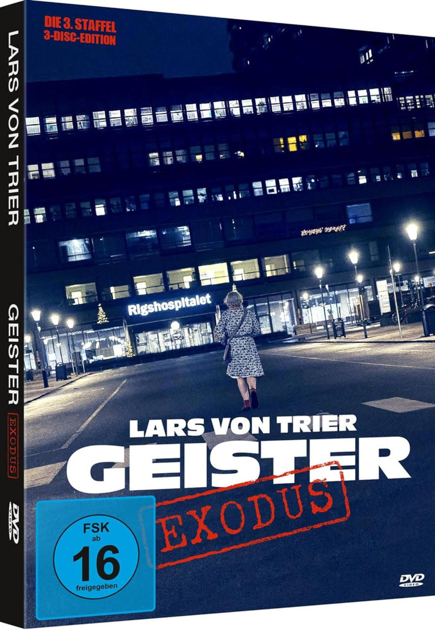 DVD-Cover von Lars von Triers Geister Exodus mit einer Frau vor dem Rigshospitalet bei Nacht.