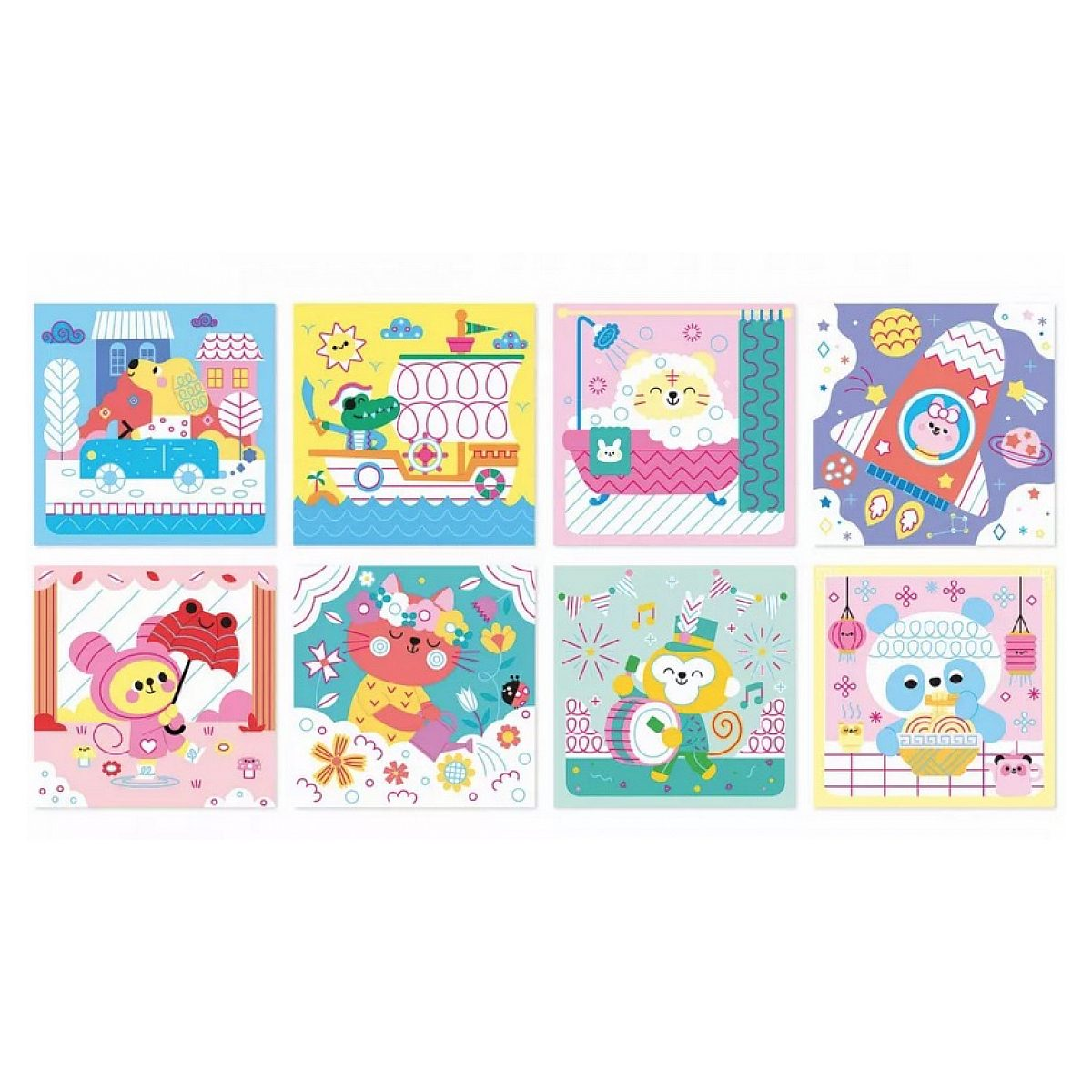 Acht bunte Kinderillustrationen zeigen Tiere wie Hunde, Krokodile, Katzen und Affen bei verschiedenen Aktivitäten.