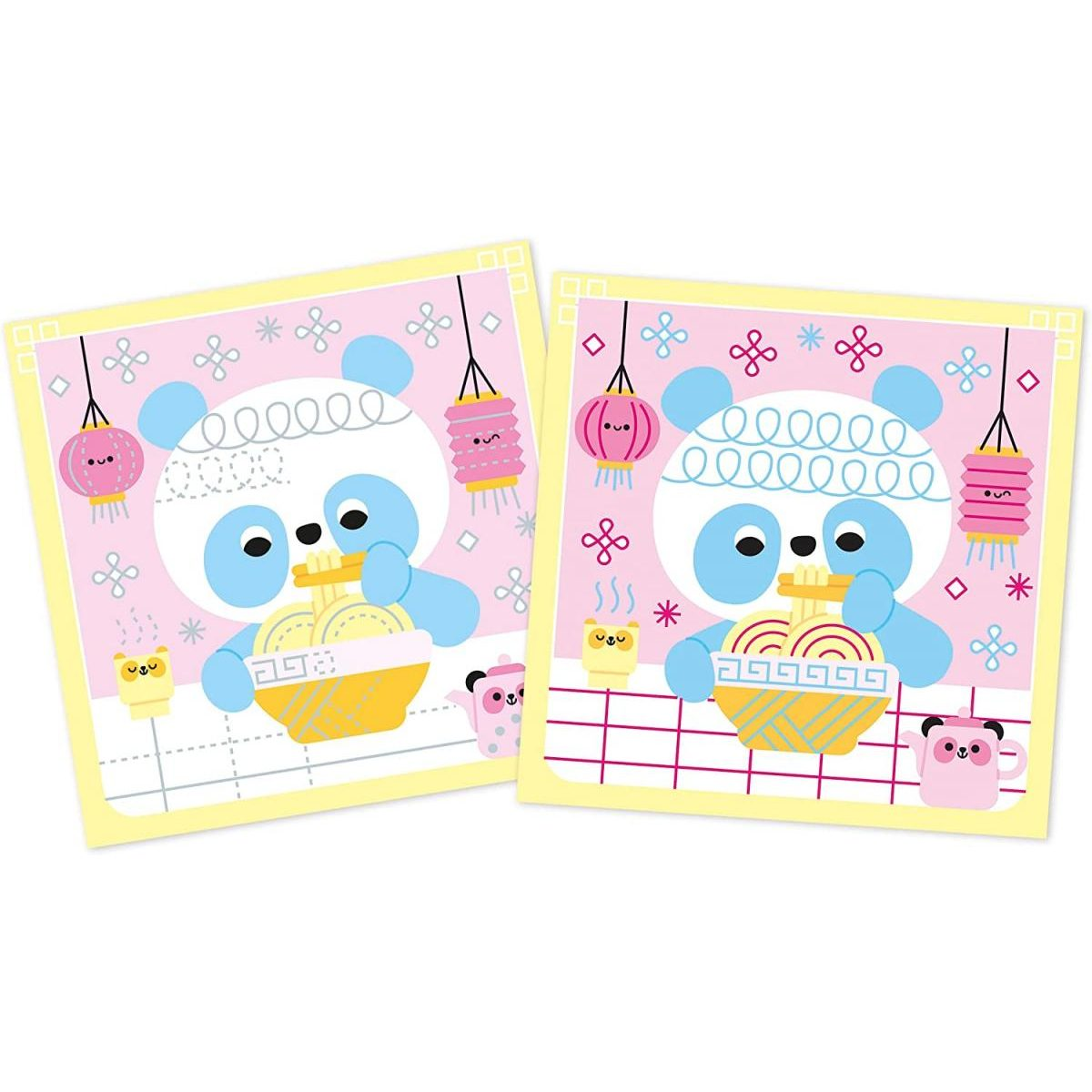 Zwei Illustrationen eines blauen und weißen Pandas, der Nudeln isst, auf rosa Hintergrund mit Laternen.