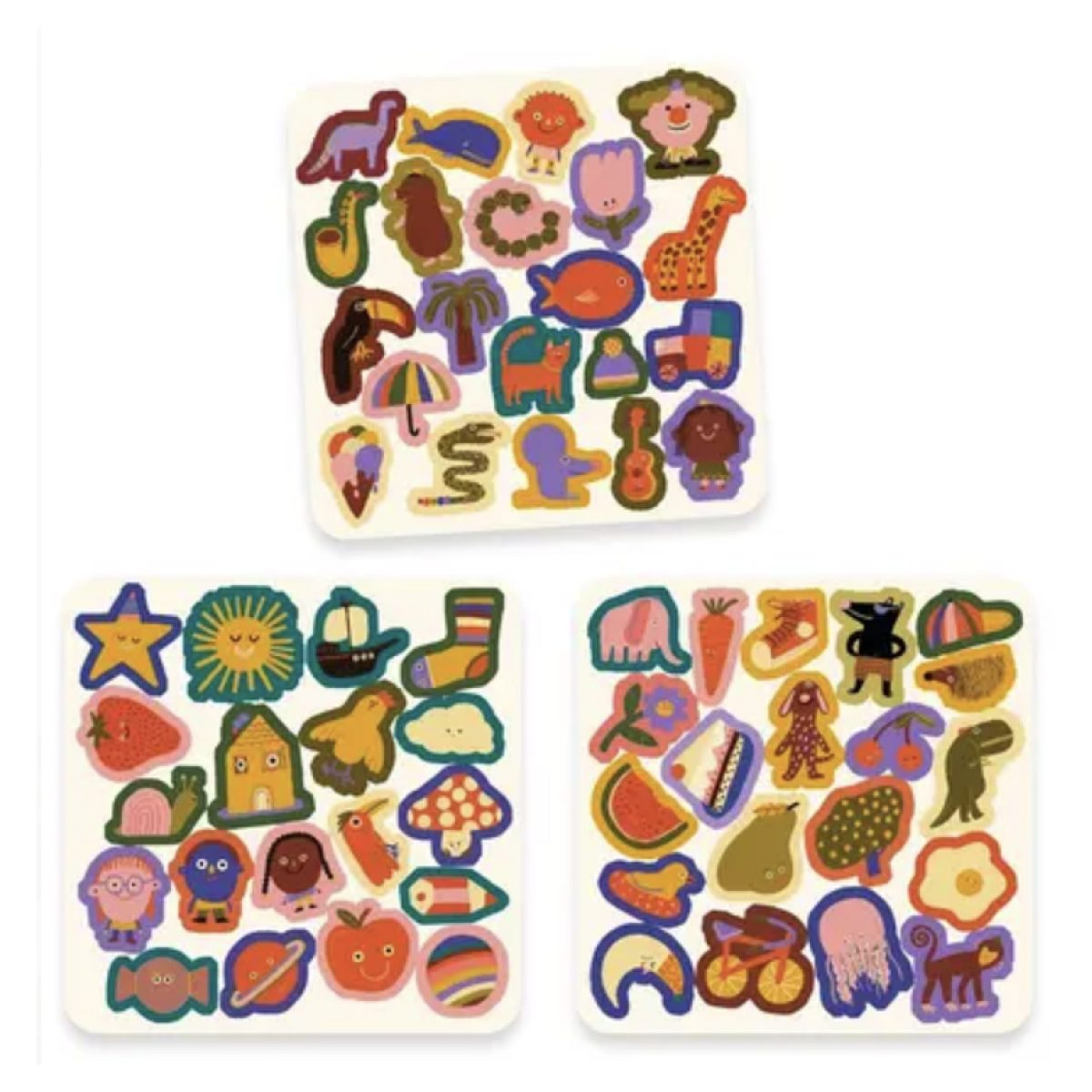 Drei Stickerbögen mit bunten Illustrationen von Tieren, Pflanzen, Fahrzeugen und Gegenständen auf hellem Hintergrund.