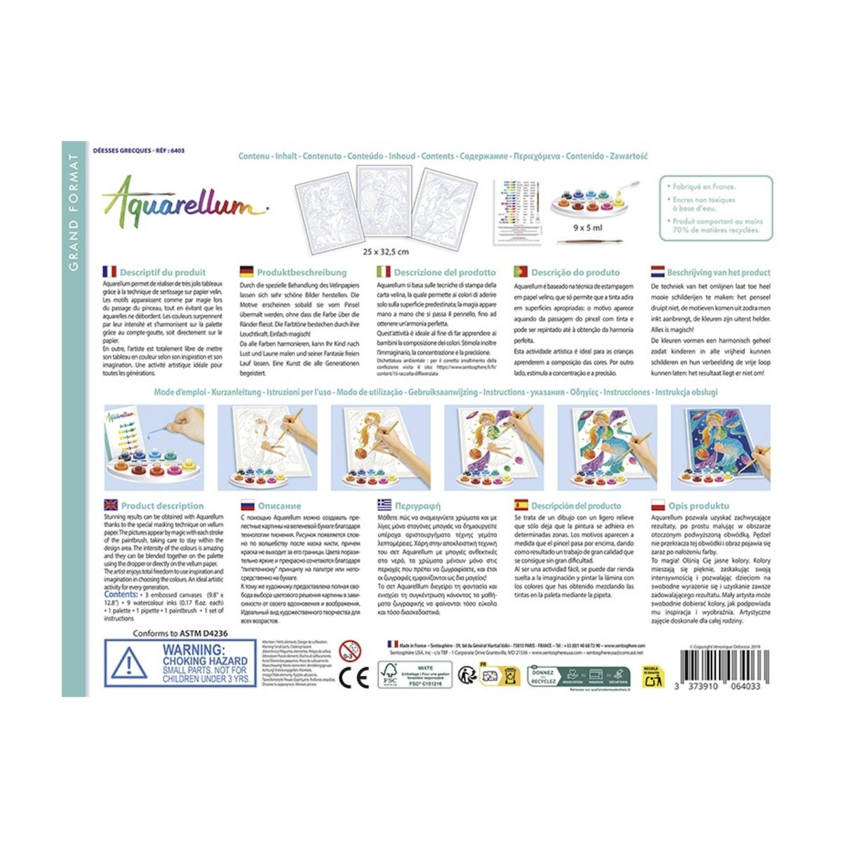 Produktverpackung für ein Aquarellset mit mehrsprachigen Beschreibungen, Bildern und Malanleitungen.
