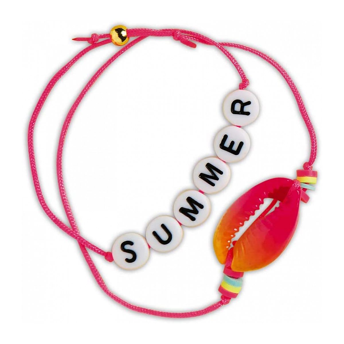 Rosa Armband mit runden Perlen, die das Wort SUMMER bilden, und einer großen pink-orangen Muschel.