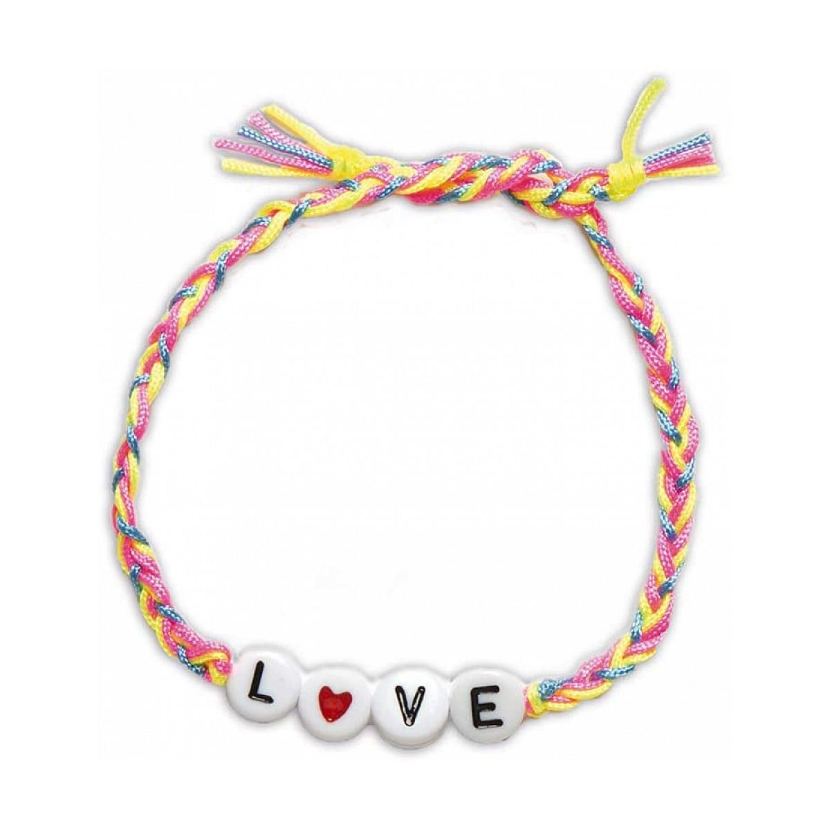 Bunt geflochtenes Freundschaftsband mit weißen Perlen mit der Aufschrift LOVE und einem roten Herz.