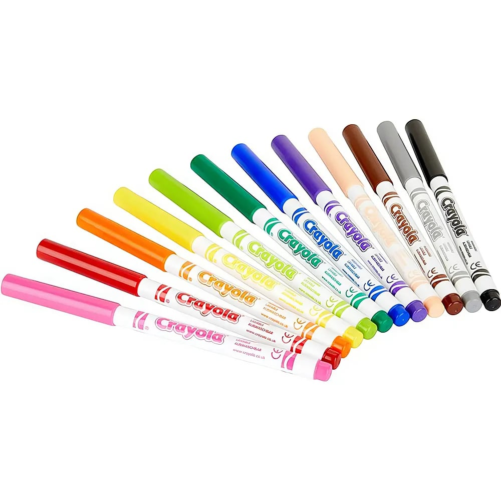 Eine diagonale Reihe von zehn bunten Crayola-Filzstiften auf weißem Hintergrund.