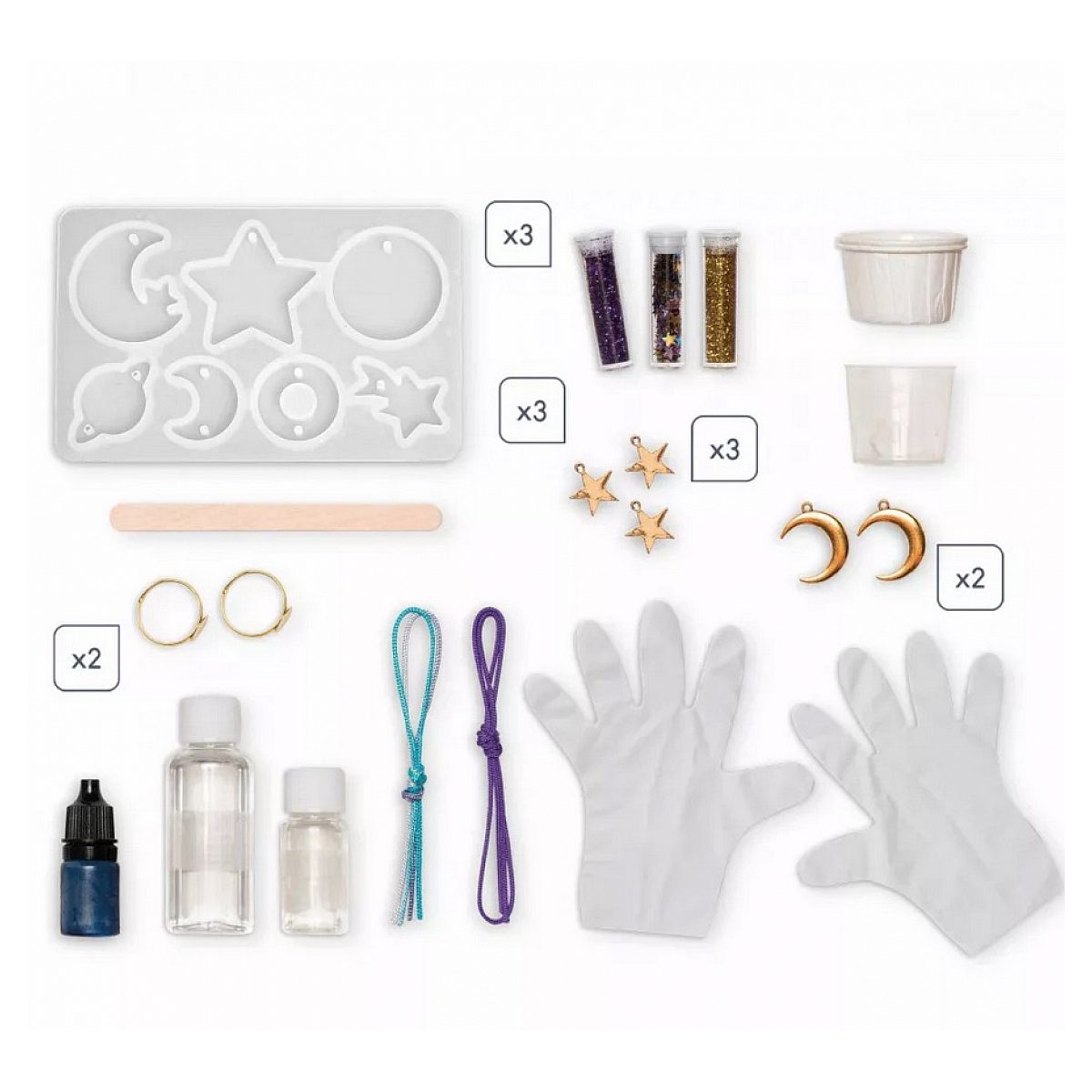 Bastelset mit Silikonform, Glitzer, Bechern, Ringen, Schnüren und Handschuhen.