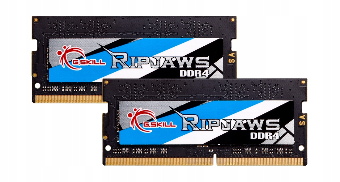 Dwie czarne kości pamięci RAM G.SKILL Ripjaws DDR4 z niebiesko-srebrno-białymi etykietami na białym tle.