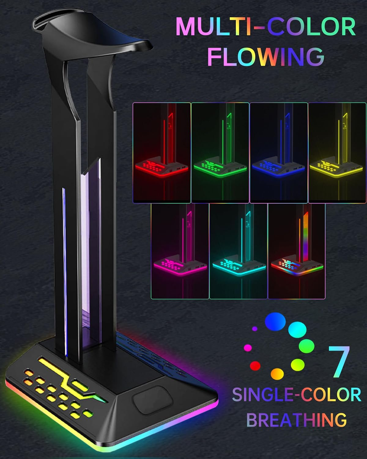Schwarzer RGB-Headset-Ständer mit mehrfarbigen Leuchteffekten und Insets, die verschiedene Lichtfarben zeigen.