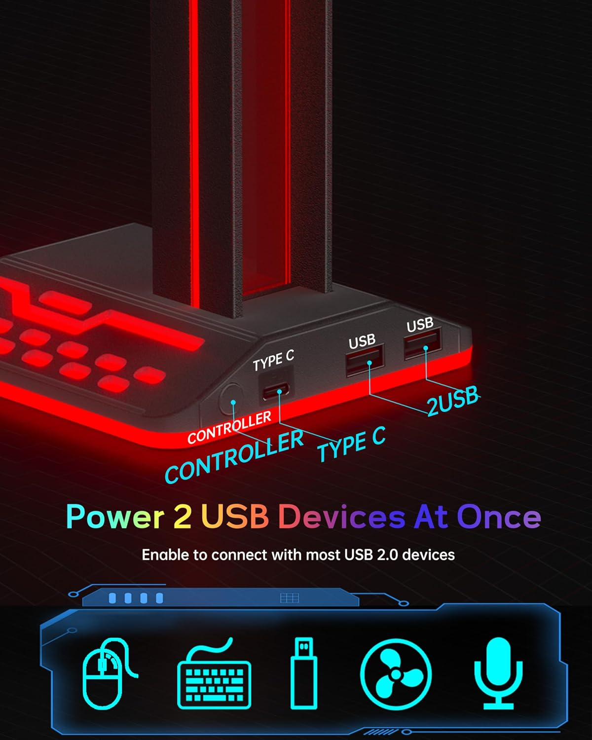 Ein schwarzer Gaming-Headset-Ständer mit roter Beleuchtung, USB-Anschlüssen, Typ-C-Anschluss und Controller-Anschluss.