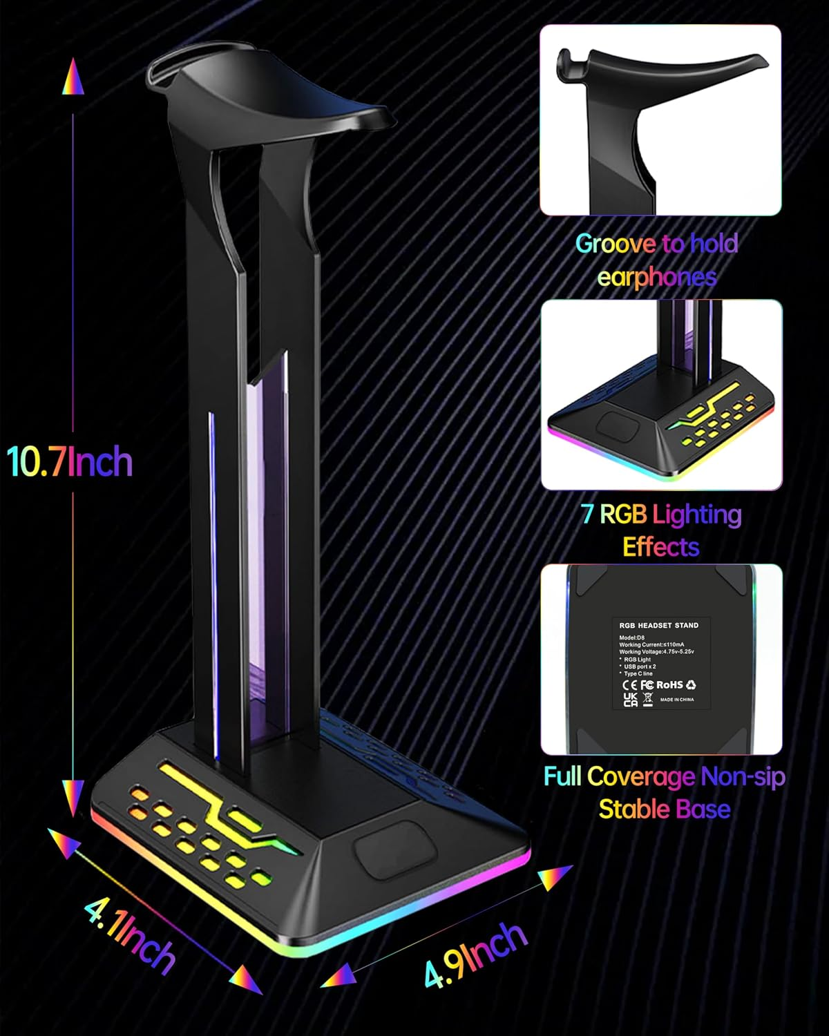 Ein schwarzer RGB-Headset-Ständer mit Maßen, gerillter Oberseite, Beleuchtung und rutschfester Basis.