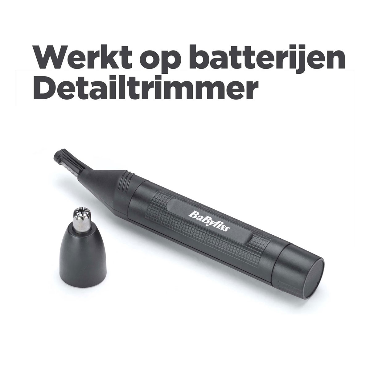 Schwarzer BaByliss Detailtrimmer mit Aufsatz und Text oben auf weißem Hintergrund.