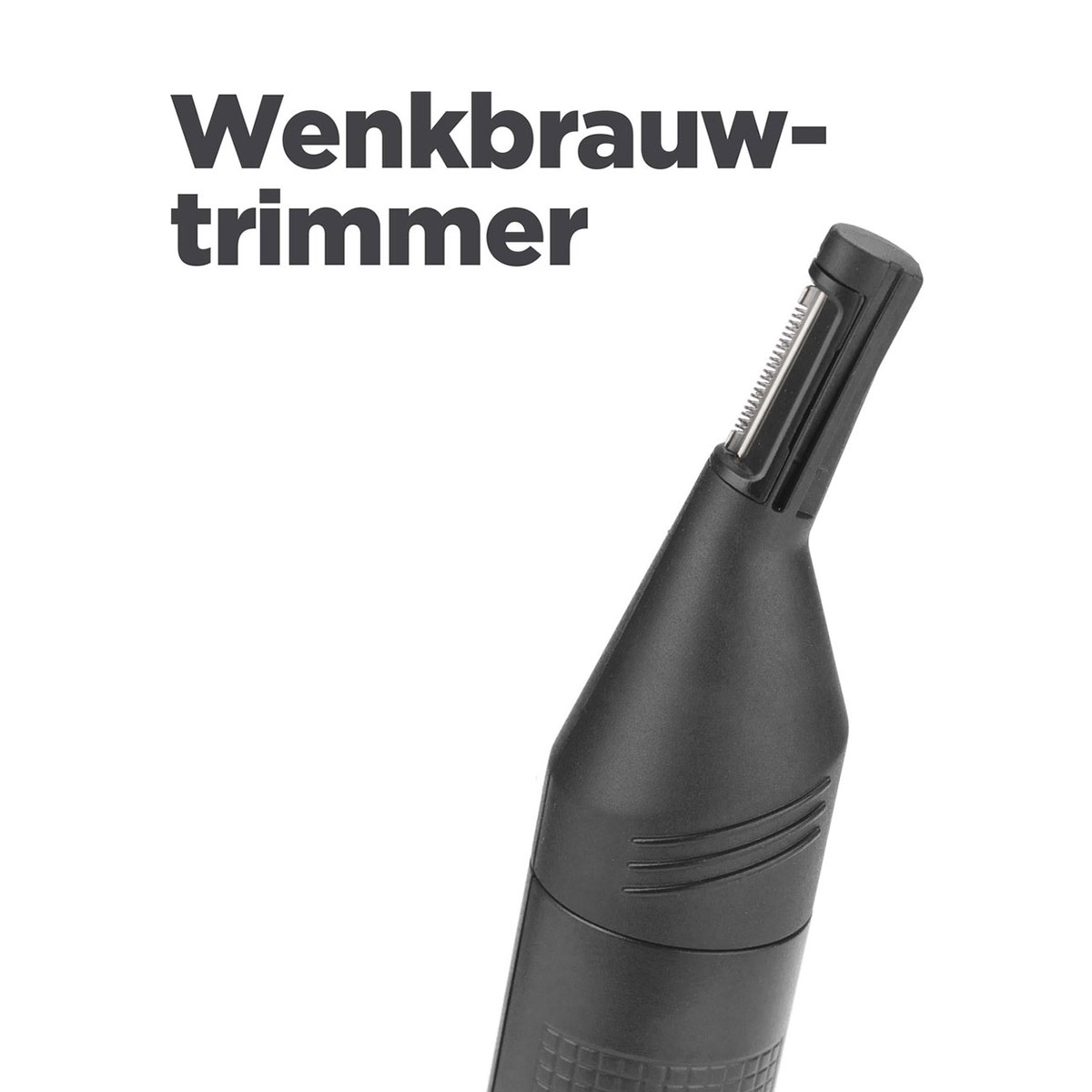 Nahaufnahme eines schwarzen Augenbrauentrimmers mit Metallklinge vor weißem Hintergrund.