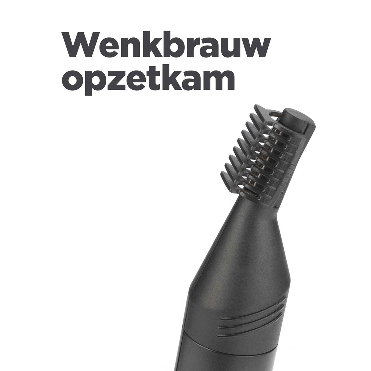 Schwarzer Augenbrauen-Trimmer mit Kammaufsatz auf weißem Hintergrund und Text Wenkbrauw opzetkam.