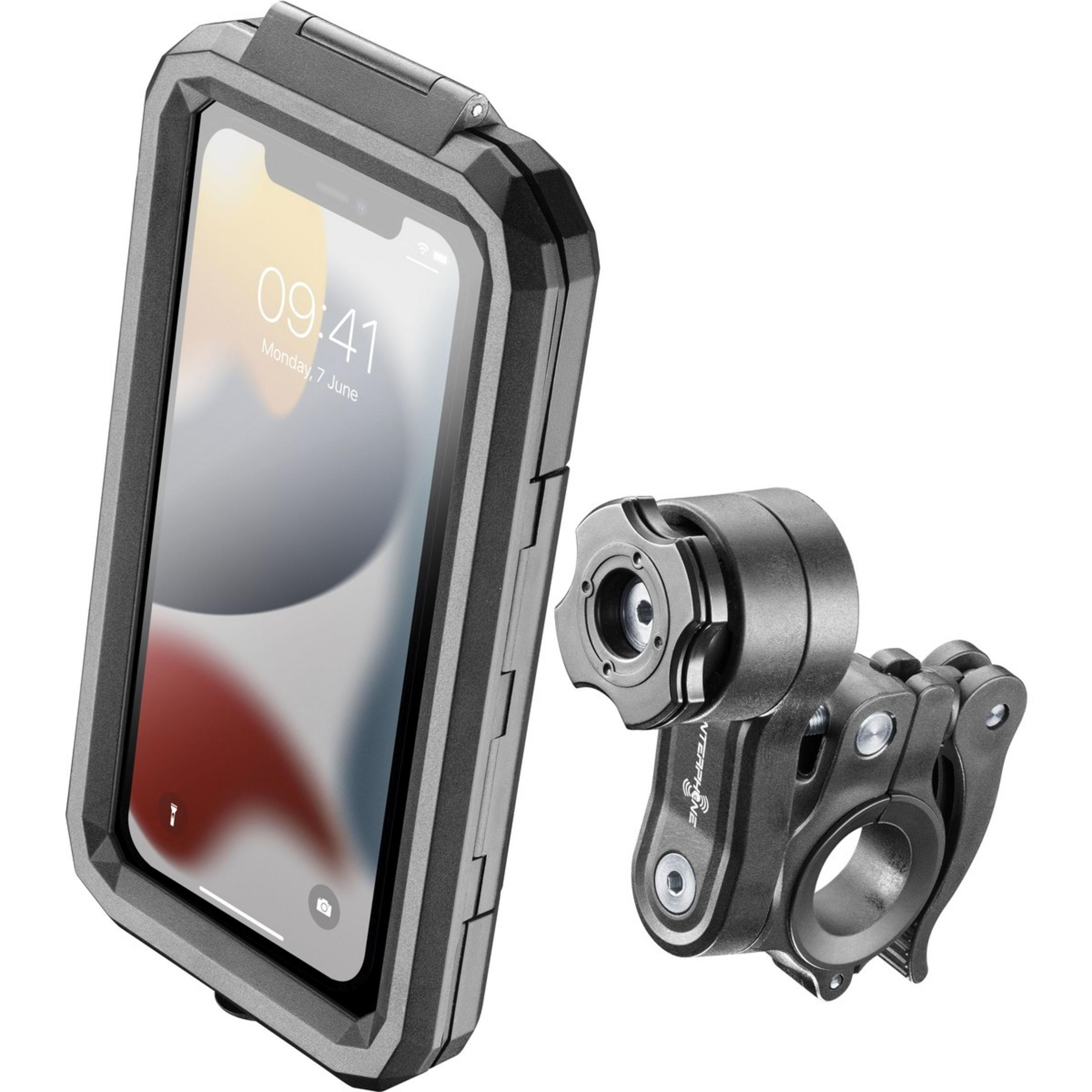 Custodia nera per smartphone con robusto supporto per manubrio.