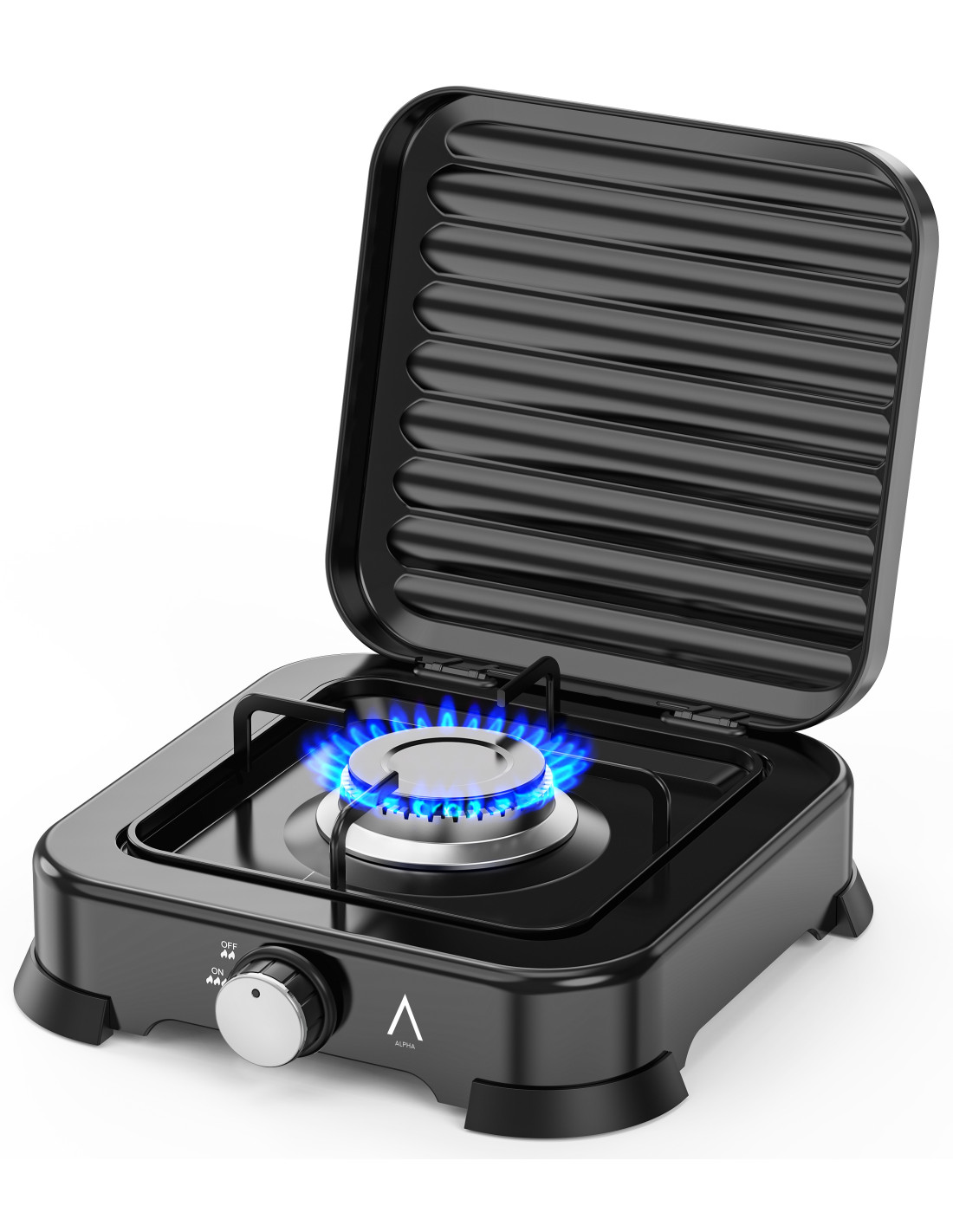 Una estufa de gas negra para acampar con llama azul encendida y tapa de parrilla abierta.