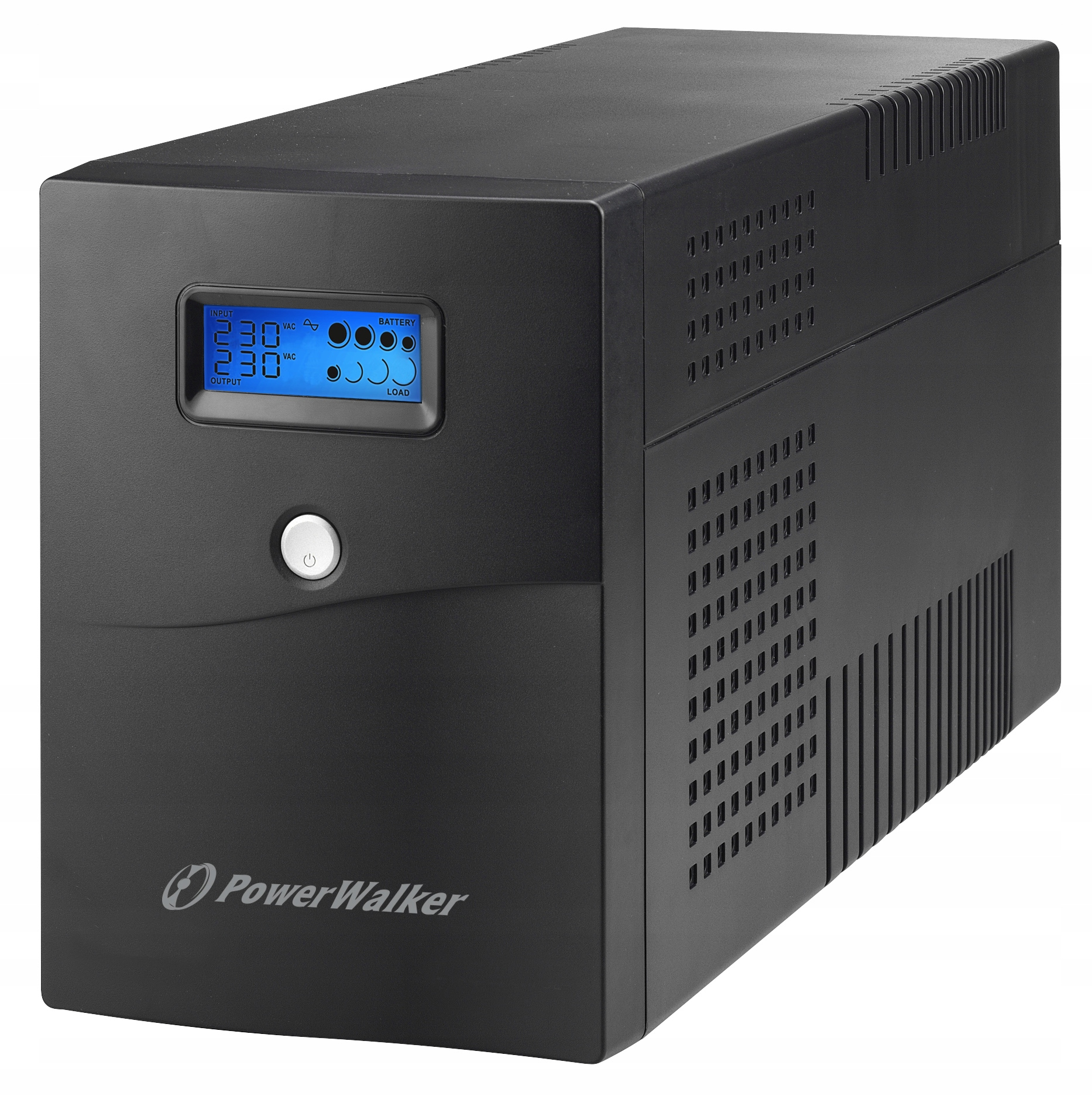 Schwarze PowerWalker USV-Anlage mit blauem LC-Display, Power-Knopf und Entlüftungsschlitzen an der Seite.