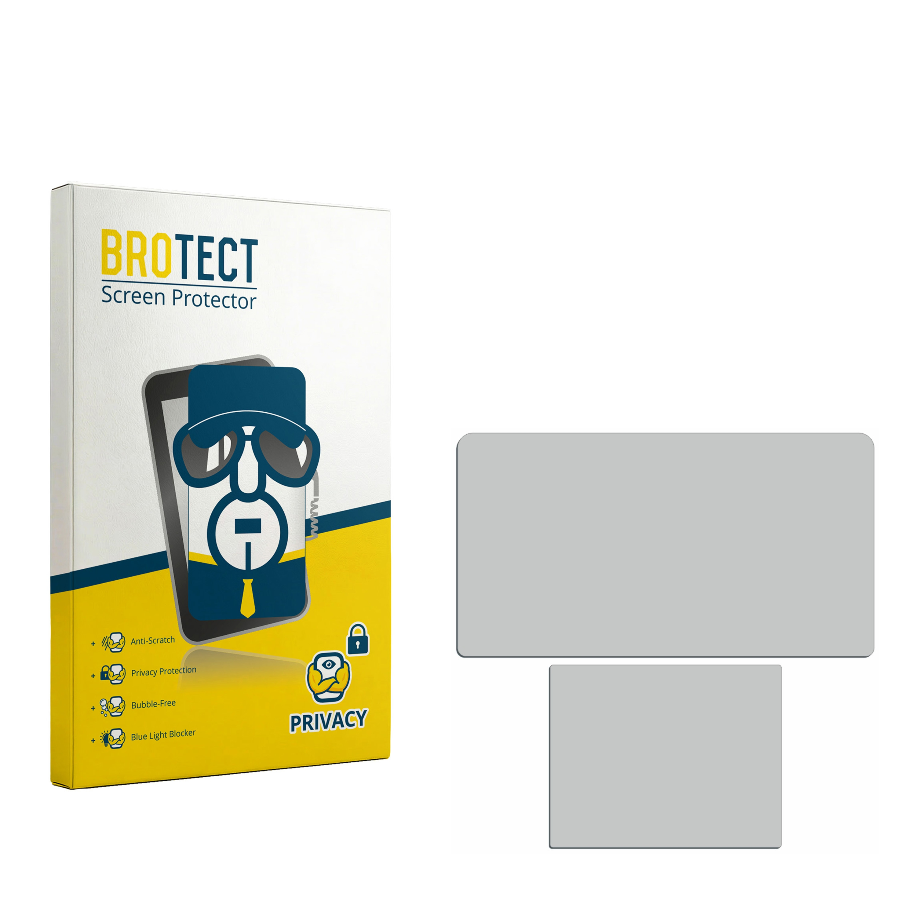 BROTECT Displayschutzfolien-Verpackung mit stilisierter Schutzfigur daneben und zwei grauen Schutzfolien.