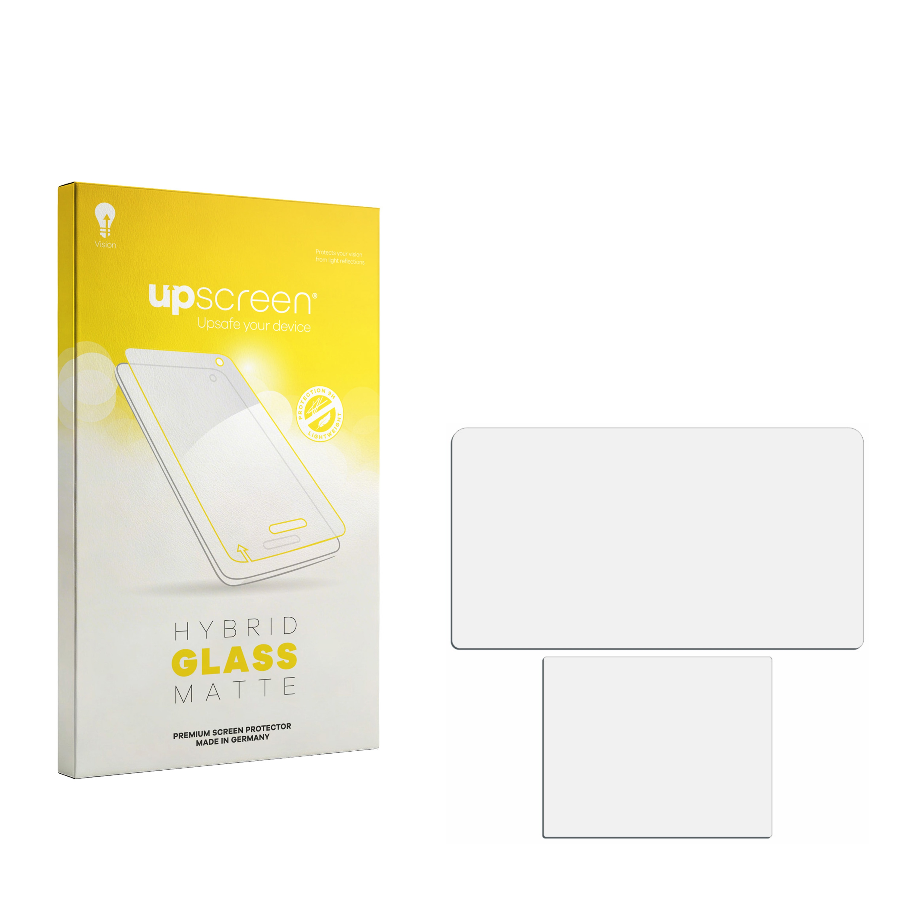 Upscreen Hybrid Glass Matte Verpackung mit zwei Schutzfolien auf weißem Hintergrund.