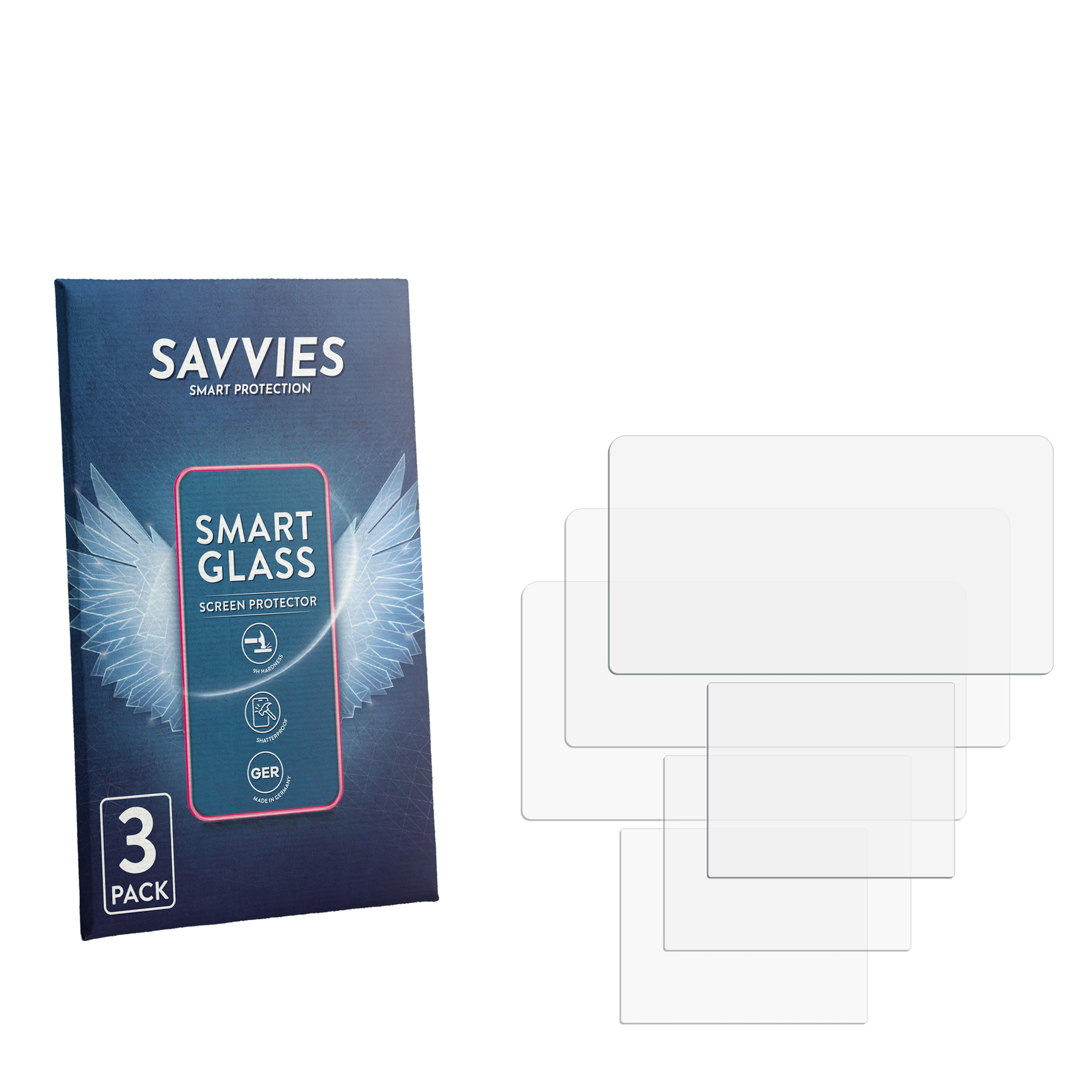 Savvies Smart Glass Verpackung mit fünf transparenten Schutzfolien daneben auf weißem Hintergrund.