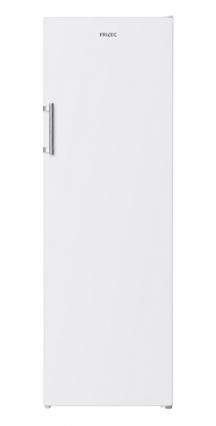 Un réfrigérateur pose-libre blanc avec poignée argentée verticale et logo Frizec sur fond blanc.