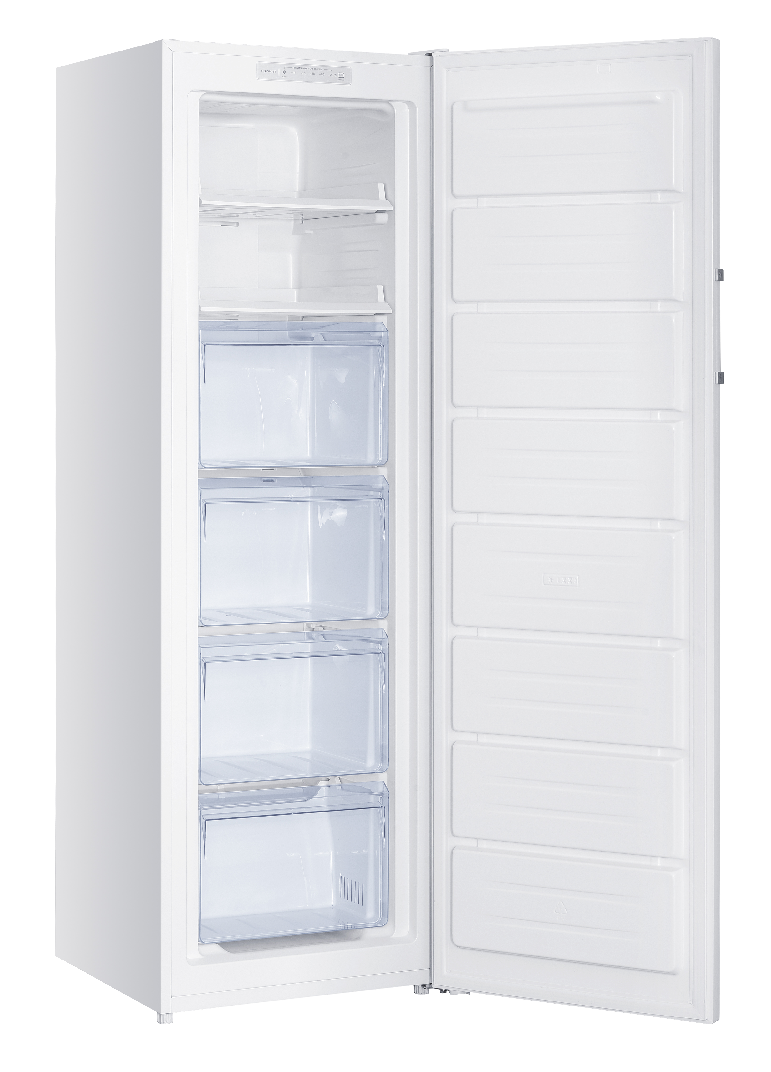 Un congélateur armoire blanc avec porte ouverte montre quatre tiroirs transparents et deux étagères.