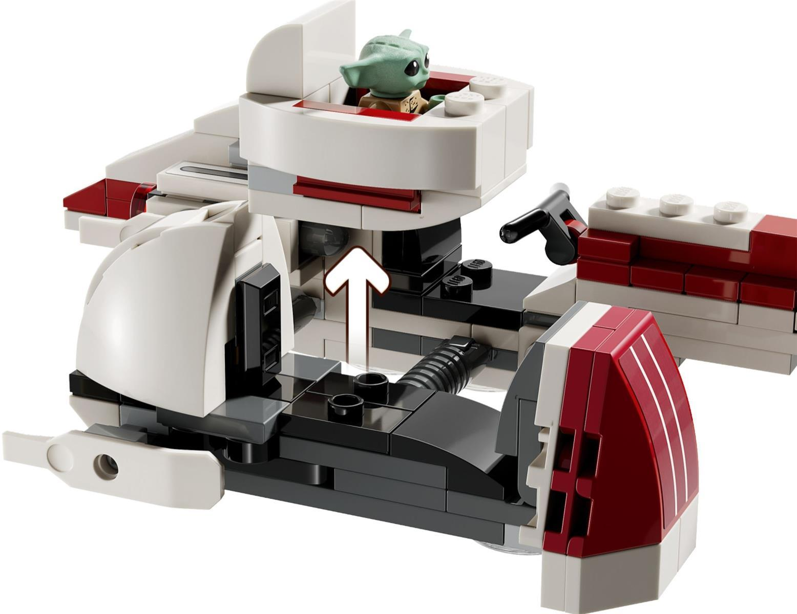 Ein Lego Star Wars Set mit einem weiß-roten Fahrzeug und einer kleinen Grogu-Figur im offenen Cockpit.