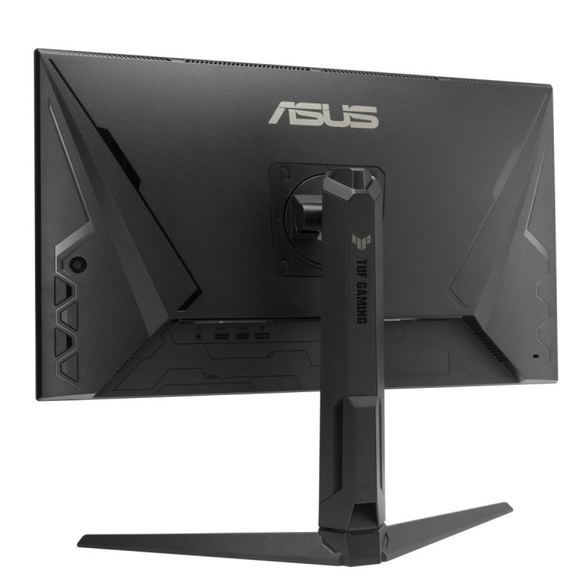 Widok z tyłu czarnego monitora Asus TUF Gaming z podstawą, portami i logo na białym tle.