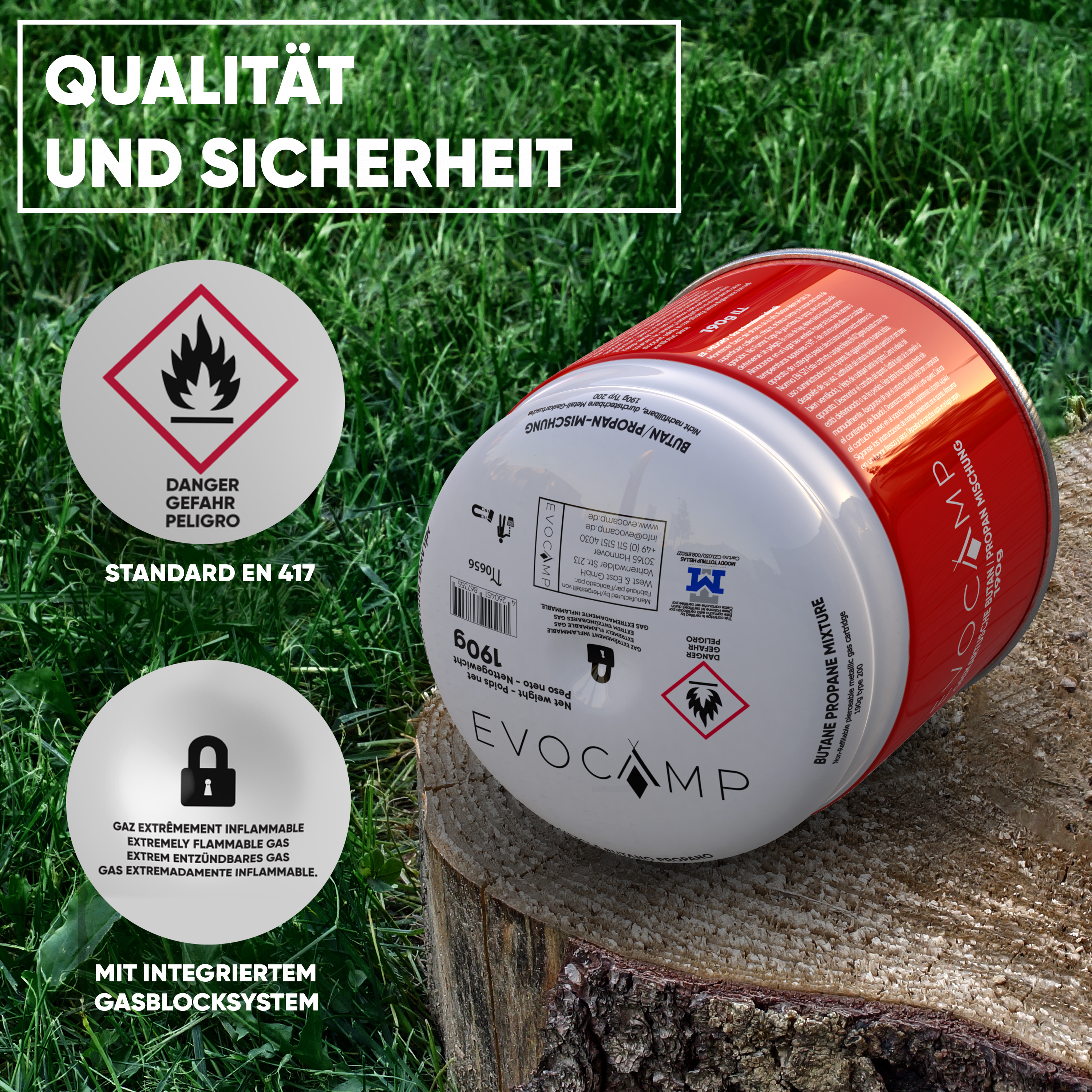 Eine Gaskartusche auf einem Baumstamm vor Gras, mit Warnsymbolen.