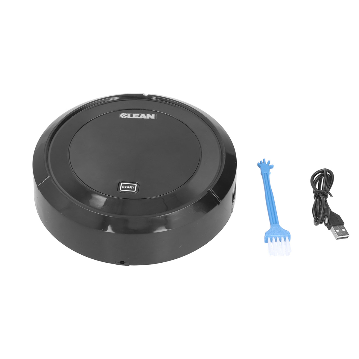 Ein schwarzer Saugroboter, eine blaue Reinigungsbürste und ein schwarzes USB-Ladekabel vor weißem Hintergrund.