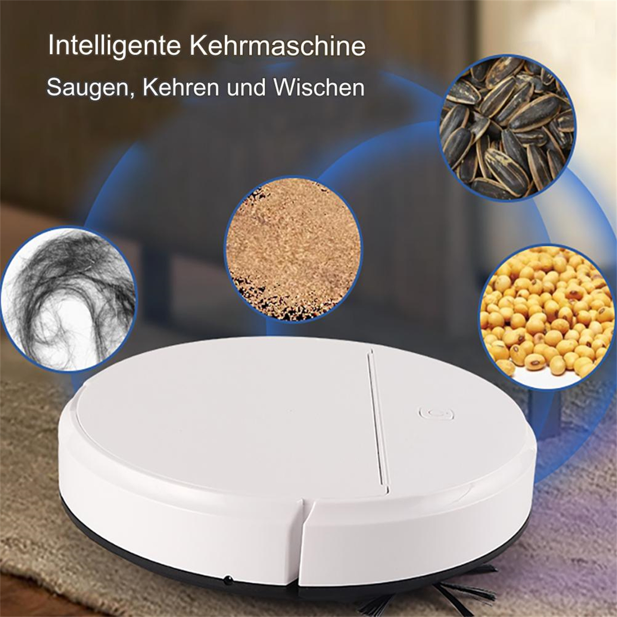 Intelligenter weißer Saugroboter auf Teppich mit kreisrunden Beispielbildern für Schmutzarten darüber.