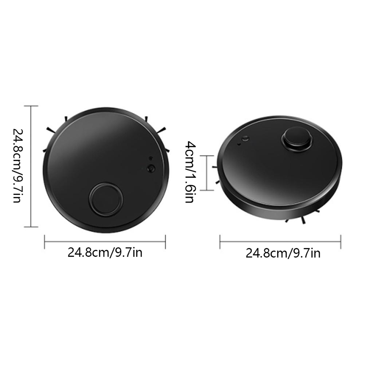 Ansicht von oben und schräg eines schwarzen Saugroboters mit Maßen: 24,8 cm Breite und 4 cm Höhe.
