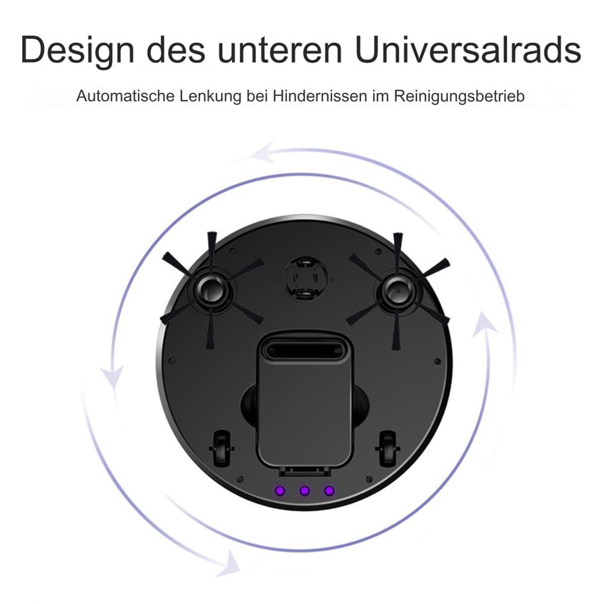 Unterseite eines schwarzen Saugroboters mit rotierenden Bürsten und Rädern, umgeben von einem kreisförmigen Pfeil.