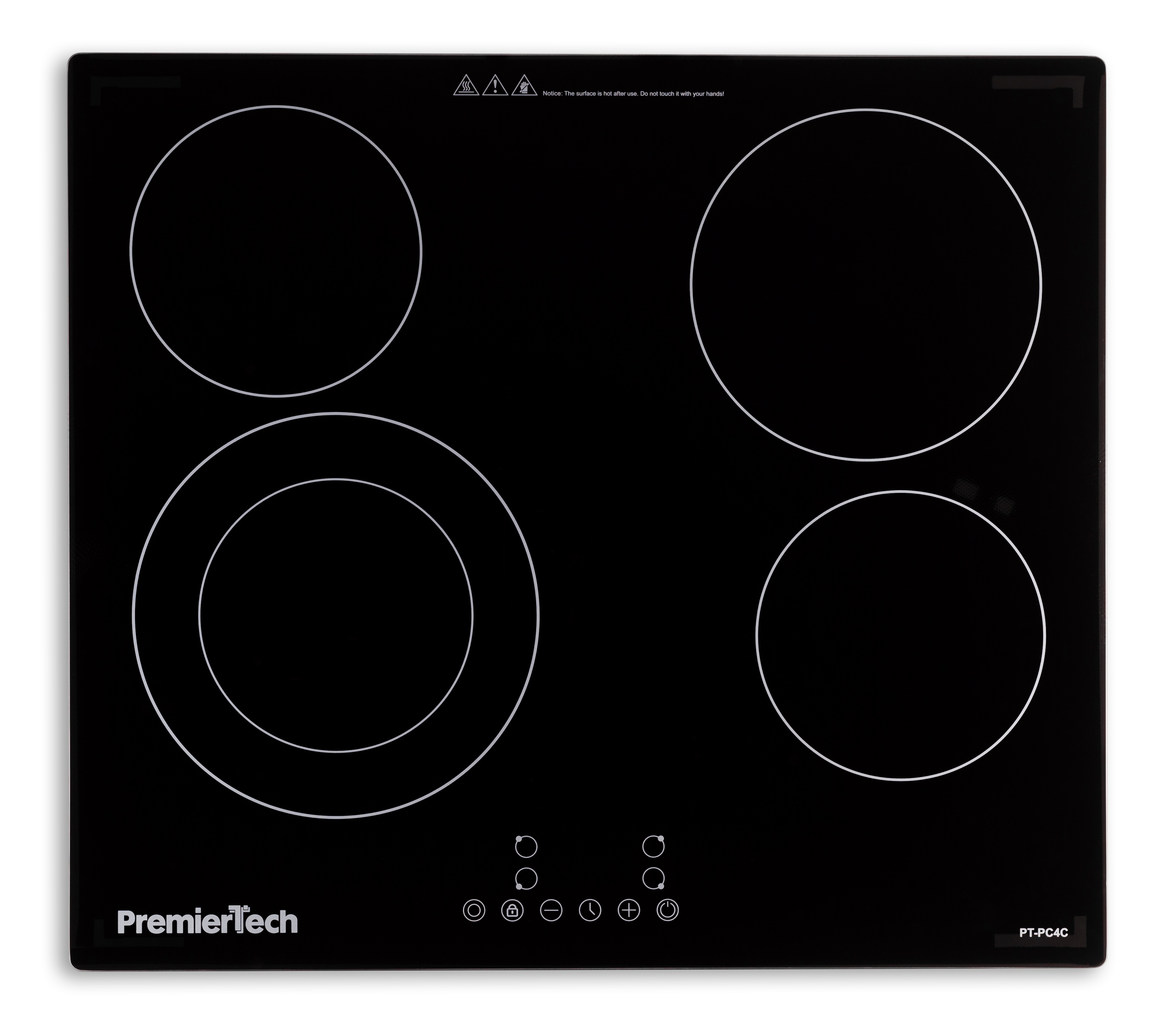 Un piano cottura in vetroceramica nero con quattro fuochi circolari, comandi a sfioramento e logo PremierTech.