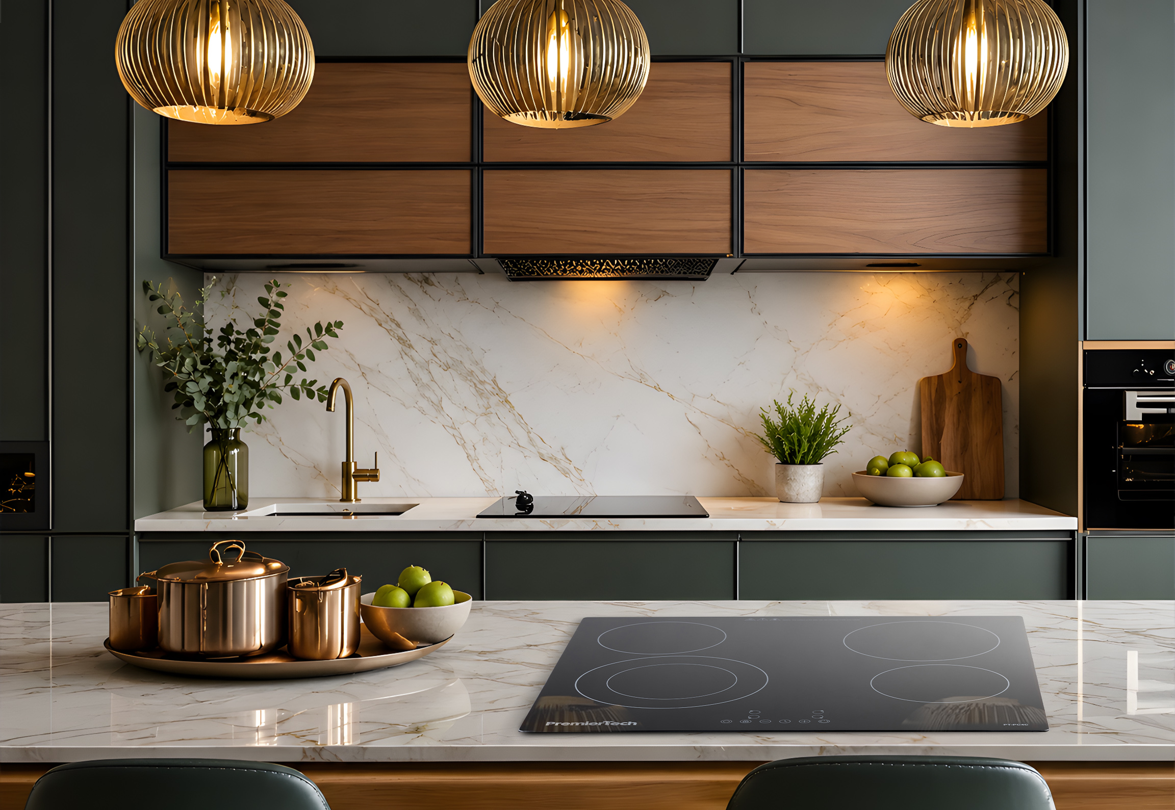 Moderna cucina con mobili scuri, dettagli in legno, piani in marmo e lampade a sospensione.