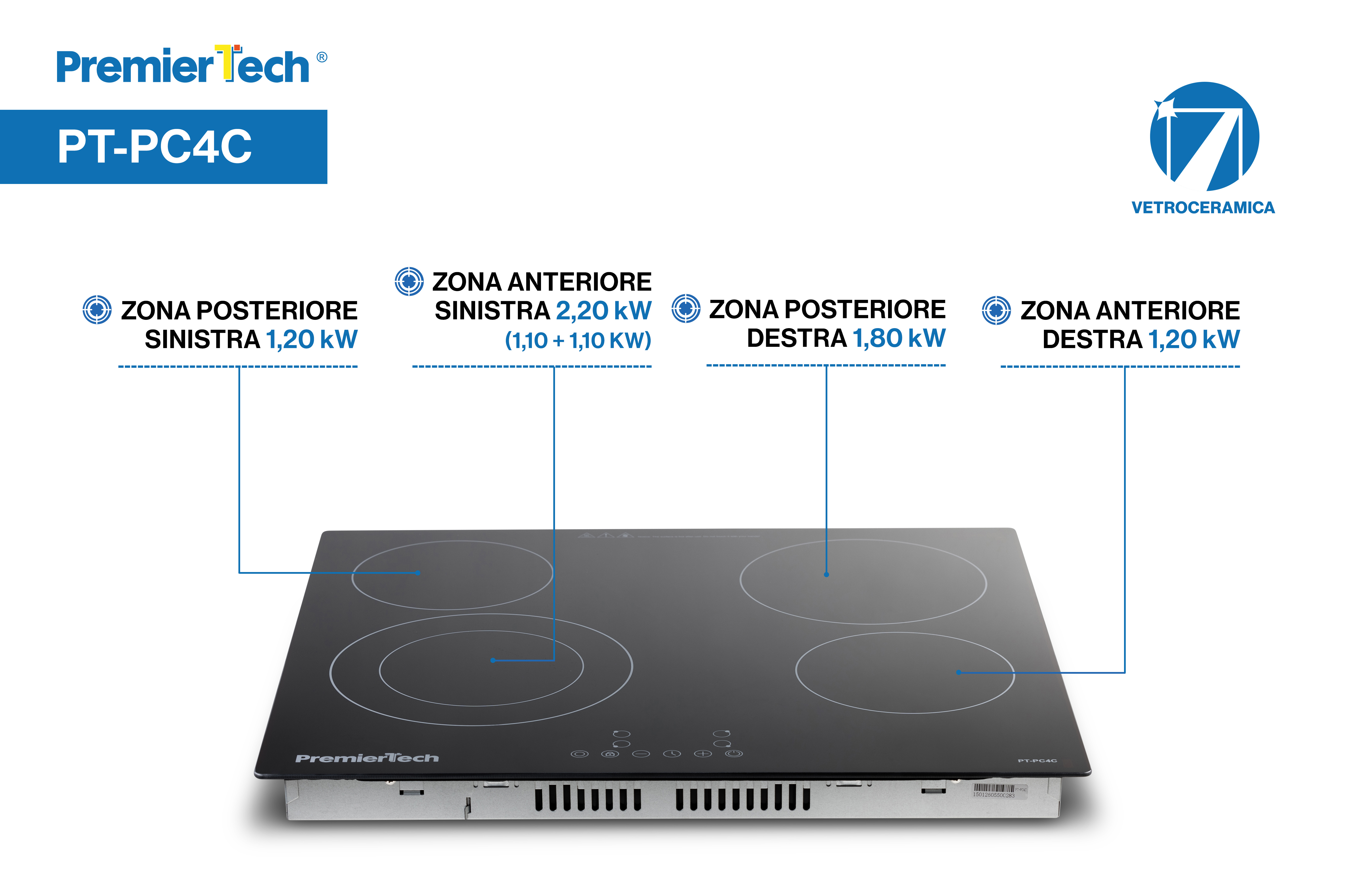 Schema di un piano cottura a induzione PT-PC4C con quattro zone e potenze.