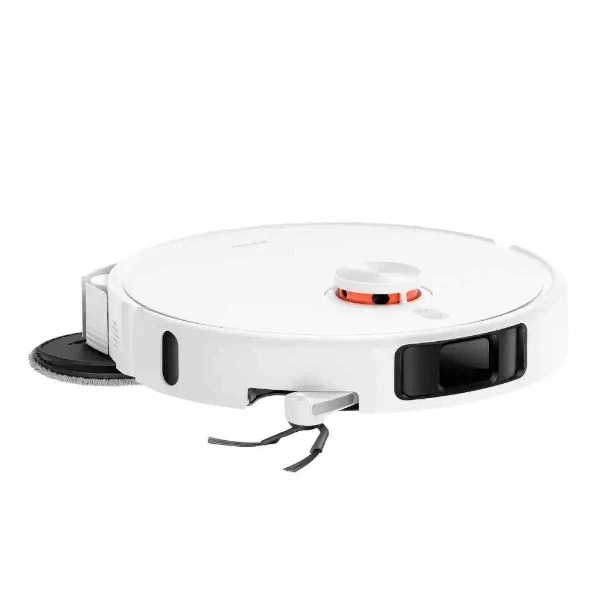 Un robot aspirapolvere bianco con sensore frontale nero, torretta laser rossa e spazzola laterale su sfondo bianco.