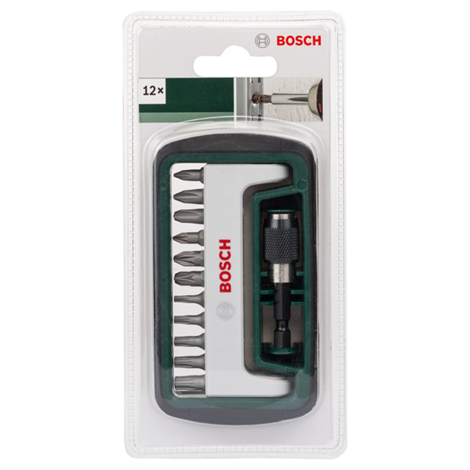 Ein versiegeltes Bosch-Schrauberbit-Set mit 12 Teilen in der Originalverpackung.