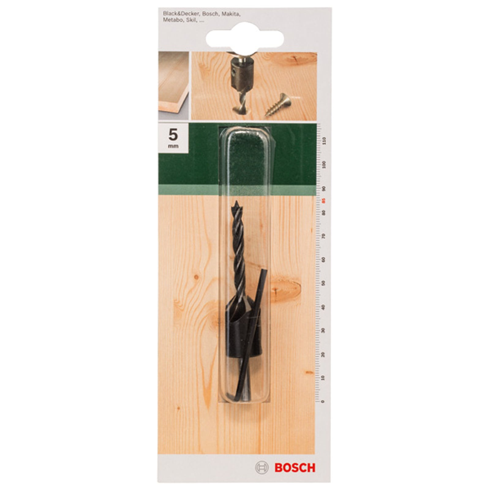 Eine Bosch 5mm Holzbohr- und Senkwerkzeugverpackung mit einem Bohrer und Inbusschlüssel auf Holzoptik.