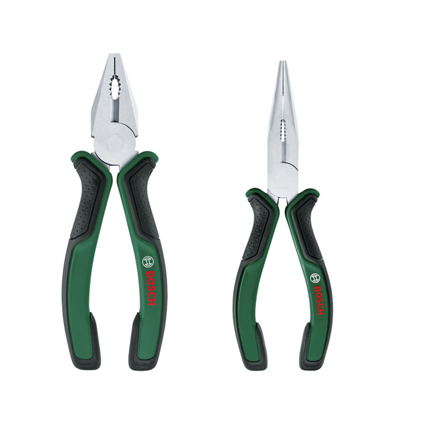 Zwei Bosch-Zangen mit grün-schwarzen ergonomischen Griffen auf weißem Grund.