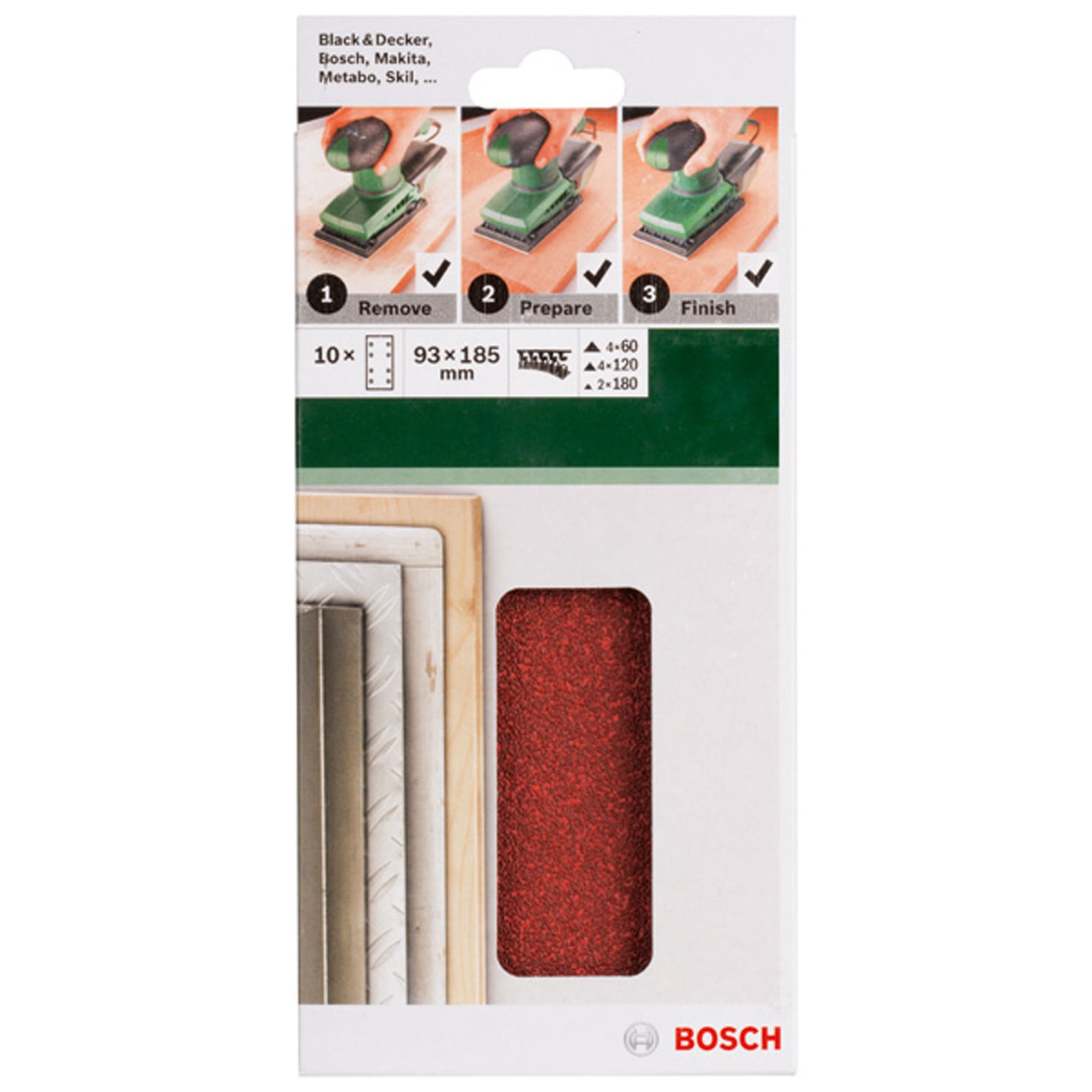 Emballage de feuille abrasive Bosch avec trois photos explicatives pour le dégrossissage, la préparation et la finition.