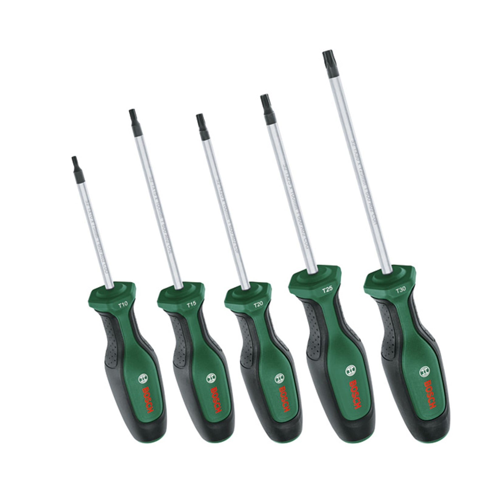 Beyaz arka planda T10'dan T30'a kadar çeşitli boyutlarda beş yeşil Bosch Torx tornavida.