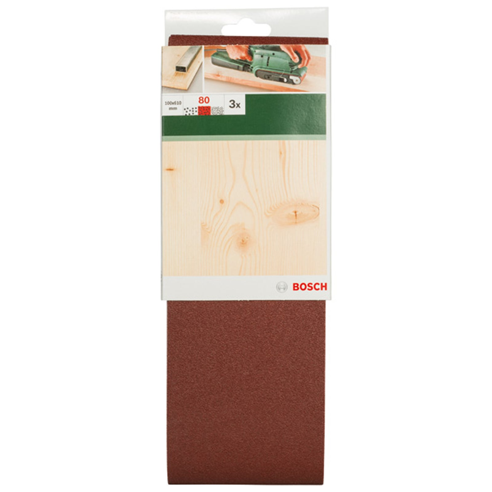 Confezione di tre nastro abrasivo marroni Bosch con motivo in legno e immagini d'uso.
