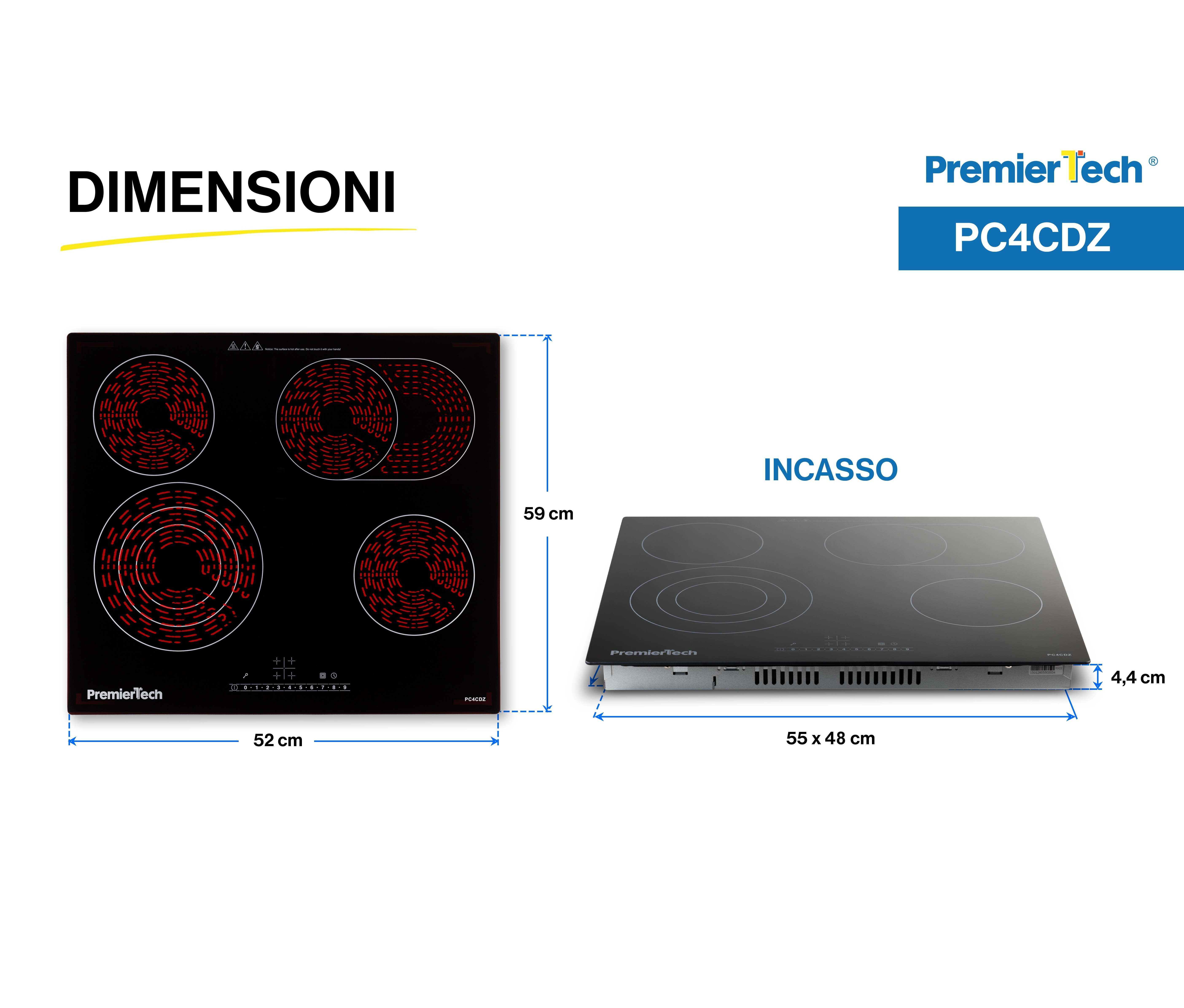 Schema che mostra le dimensioni di un piano cottura a induzione nero PremierTech PC4CDZ: 59x52 cm e altezza 4,4 cm.