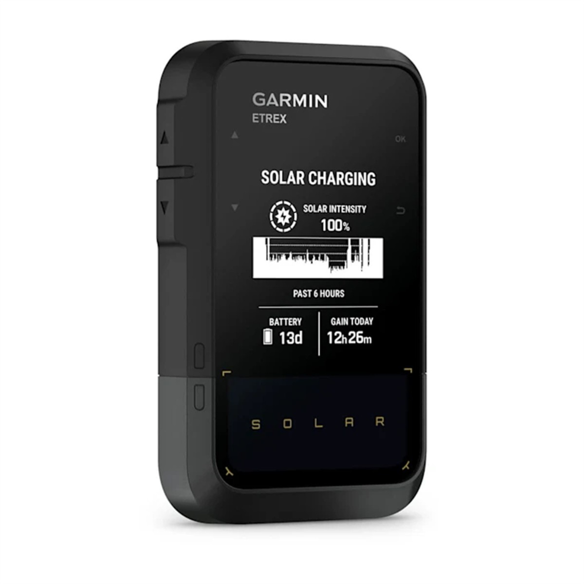 Garmin eTrex GPS-Gerät mit Solarladung und Display für Batteriestatus und Sonnenintensität.