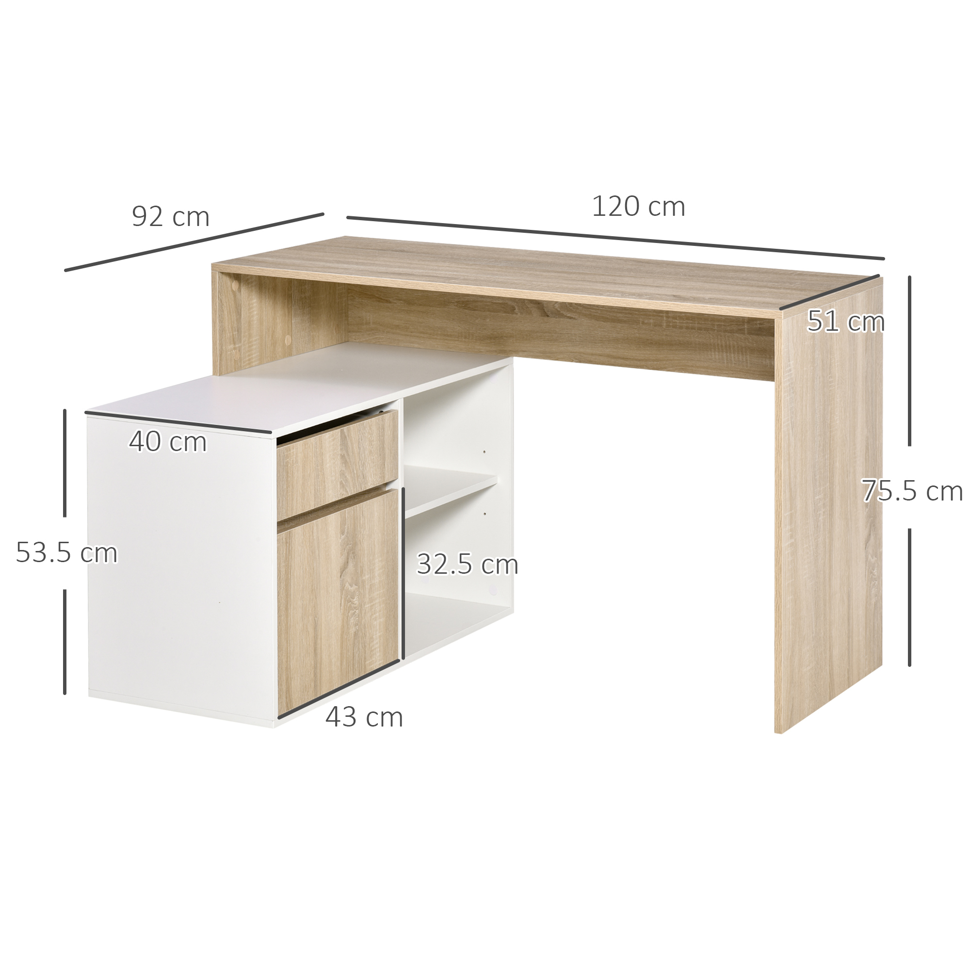 Scrivania a L in legno e bianco con libreria integrata e linee di quota su sfondo bianco.