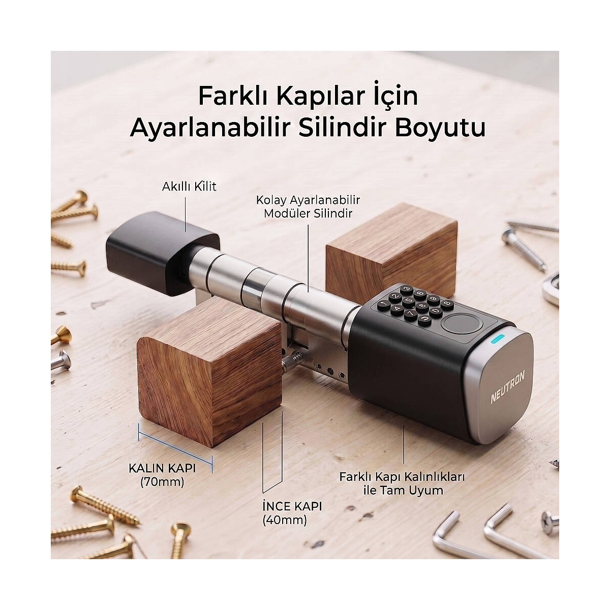 Ahşap üzerinde tuş takımı ve vidalar bulunan ayarlanabilir akıllı silindir.