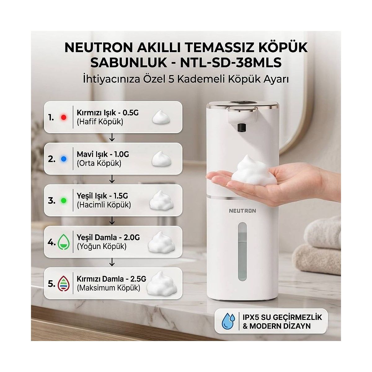 Banyoda 5 köpük ayarına sahip beyaz otomatik sabunluk.