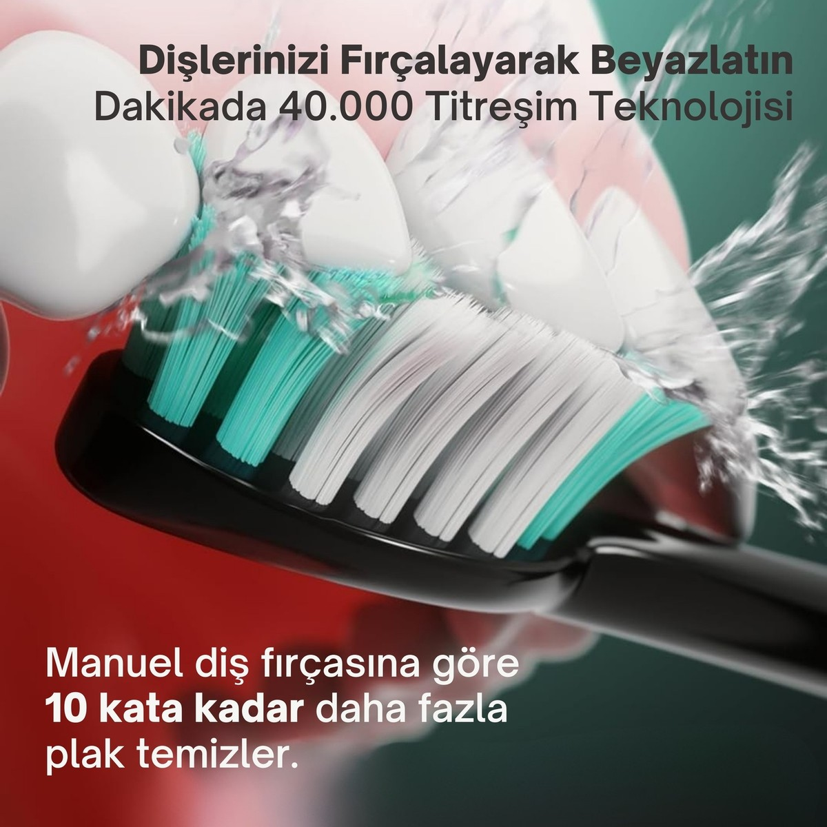 Elektrikli diş fırçası su ve metinle beyaz dişleri temizliyor.