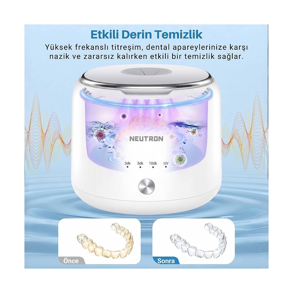 UV ışıklı ve önce-sonra karşılaştırmalı beyaz ultrasonik diş apareyi temizleme cihazı.