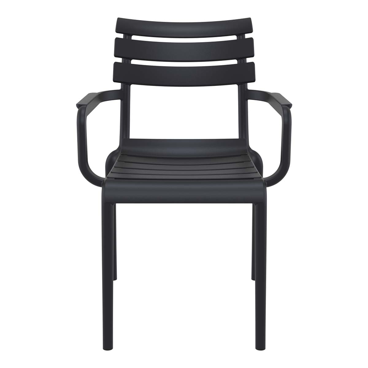 A modern black armchair featuring horizontal slats on the backrest and seat, shown against a white background.
