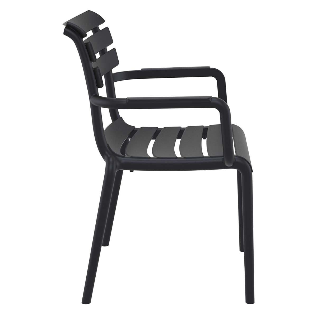 A black chair with armrests and slats on the seat and backrest against a white background.